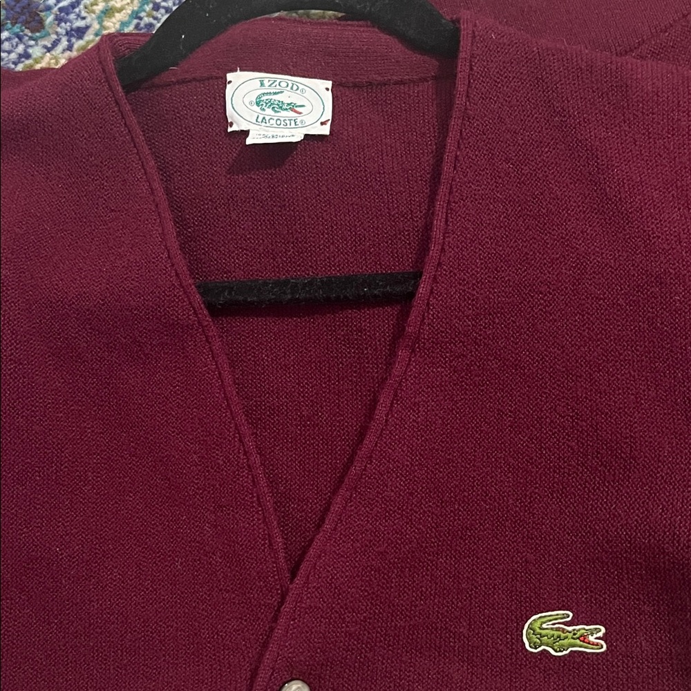 Vtg IZOD Lacoste Men's Burgundy Button Cardigan Sweater - Size L - Picture 6 of 7